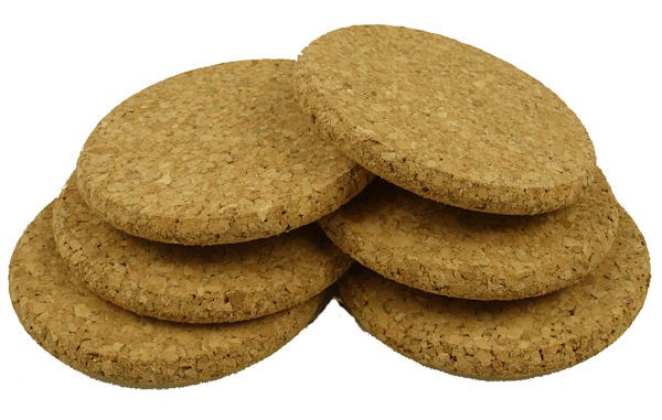 Set of 6 Natural Cork Coasters Round 95mm x 10mm Thick